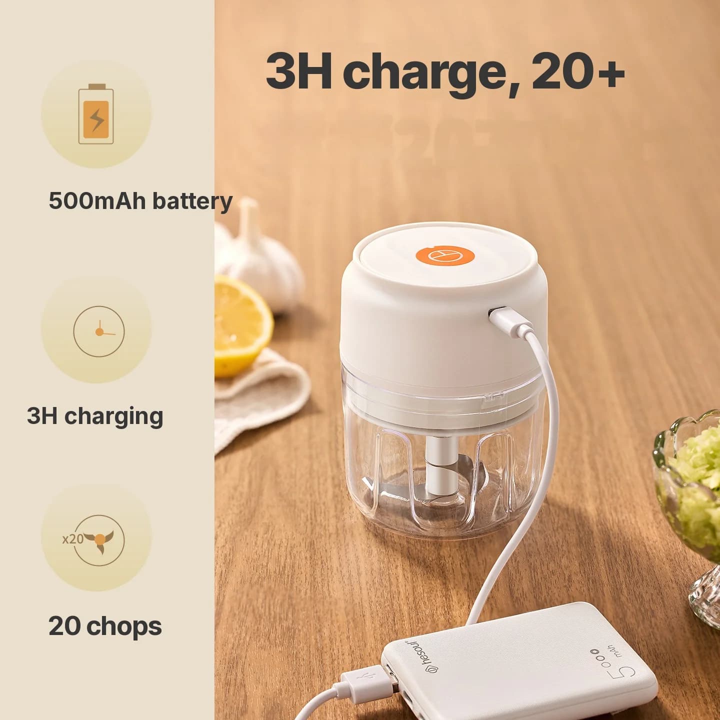 Беспроводной электрический измельчитель чеснока, чашка 250mL, 5V 30W, пластик